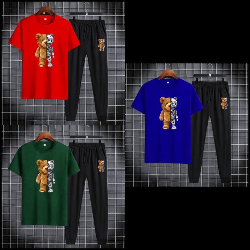 BAJU SETELAN ONE SET PRIA KAOS DAN CELANA JOGER PANJANG COWOK BEAR ROBOT