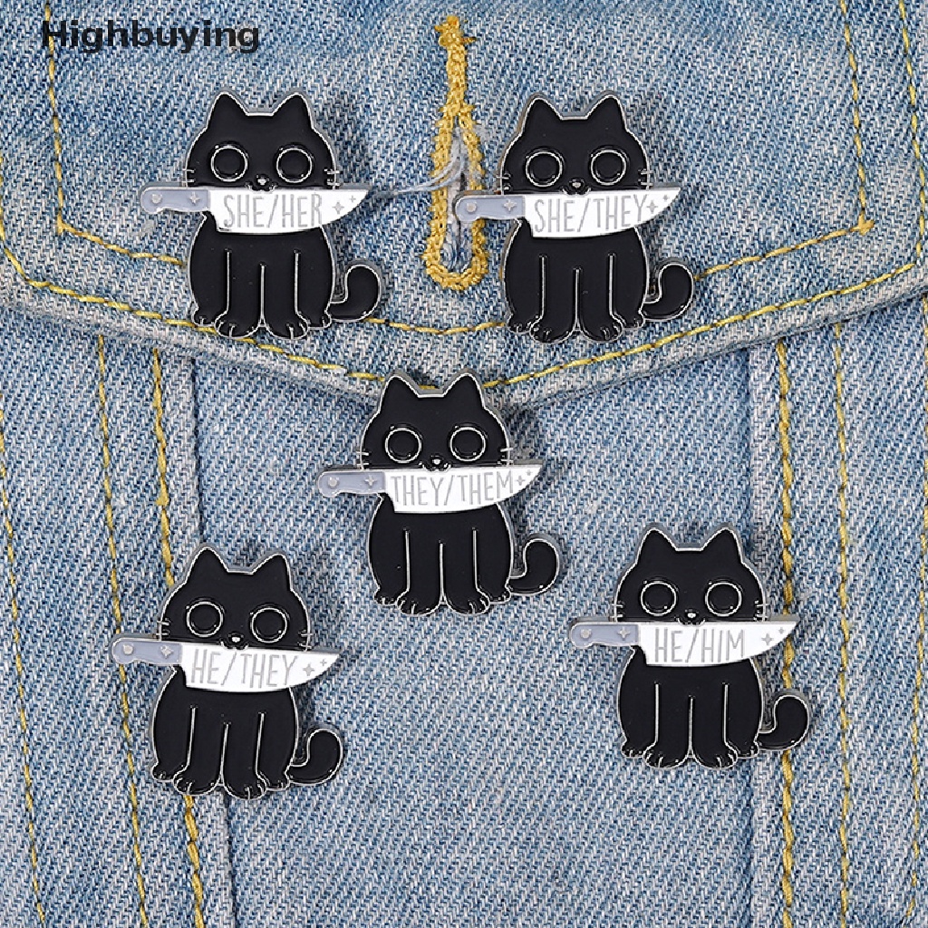 Bros Pin Enamel Bentuk Kucing Hitam She Her He Him They Them Untuk Hadiah Teman Glory