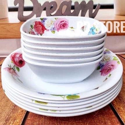 PROMO 12.PCS SET 6.PIRING 6.MANGKOK MELAMINE MOTIF ROSE