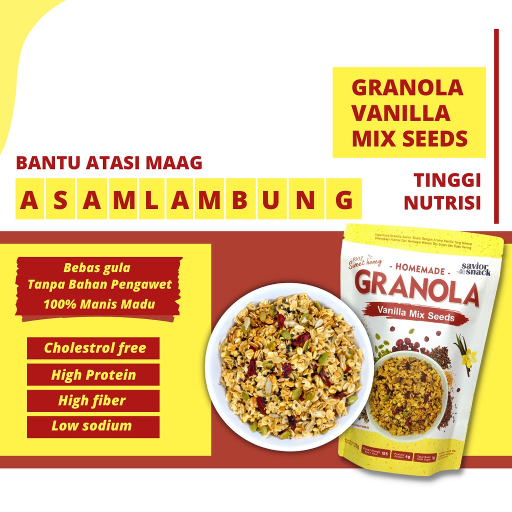 

MAKANAN UNTUK PENDERITA ASAM LAMBUNG GRANOLA VANILLA MIX SEED BY SAVIOR SNACK SOLUSI ATASI MAAG & GERD CEMILAN RINGAN SEHAT BERNUTRISI TINGGI SEREAL EXTRAK BIJI-BIJIAN & BUAH KERING TANPA BAHAN PENGAWET BEBAS GULA & GARAM