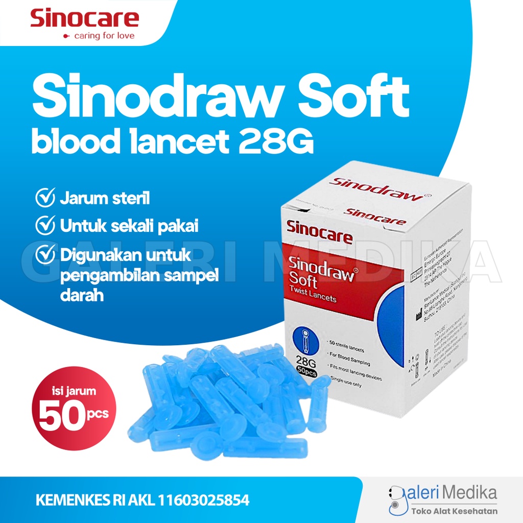 Blood Lancet 28G Isi 50 Pcs Sinocare Sinodraw Jarum Lancet 28 G