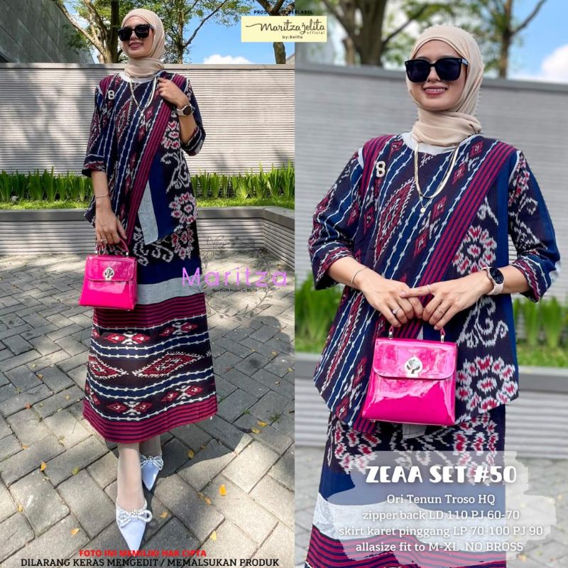 zeaa set setelan ori tenun troso hq top zipper back maritza