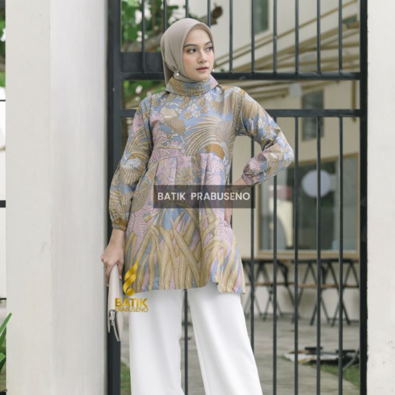 Blouse Tunik Atasan Baju Batik Wanita Lengan Panjang Prabuseno Modern Premium Kerja Kantor Jumbo Kat