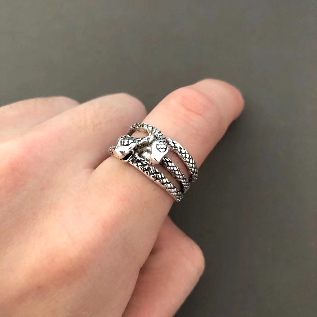 Cincin Model Terbuka Bentuk Ular Kepala Ganda Bahan alloy Gaya vintage Eropa Amerika