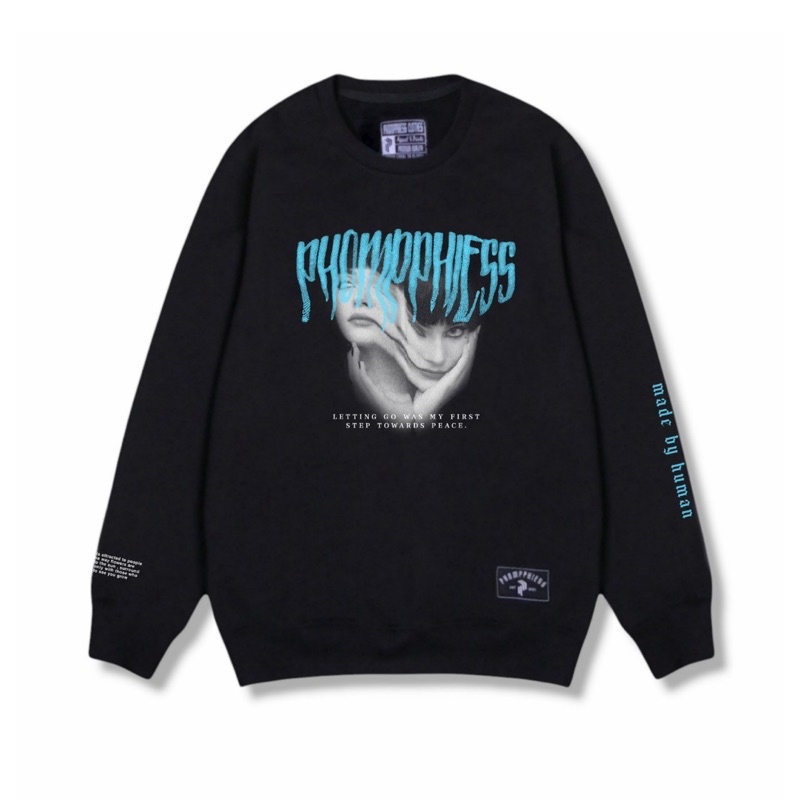 PHOMPPHIESS Sweater Crewneck Hitam Sablon Metal Crewneck Metal Pria Wanita