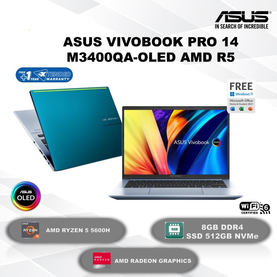 ASUS VIVOBOOK PRO 14X M3400QA RYZEN 5 5600H 8GB 512SSD W11 OHS 14"OLED