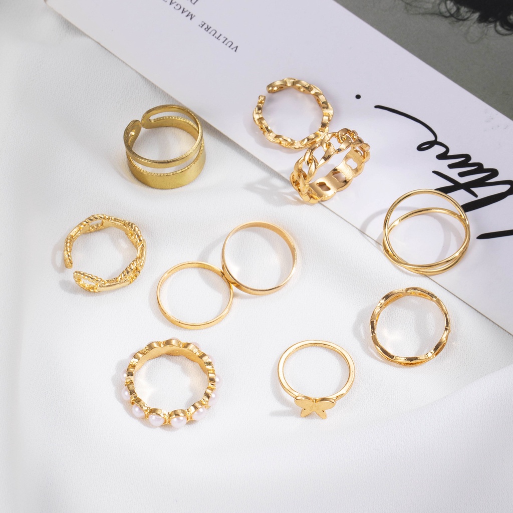 Butterfly 10 Pcs Cincin Adjustable Desain Kupu-Kupu Aksen Mutiara Untuk Wanita