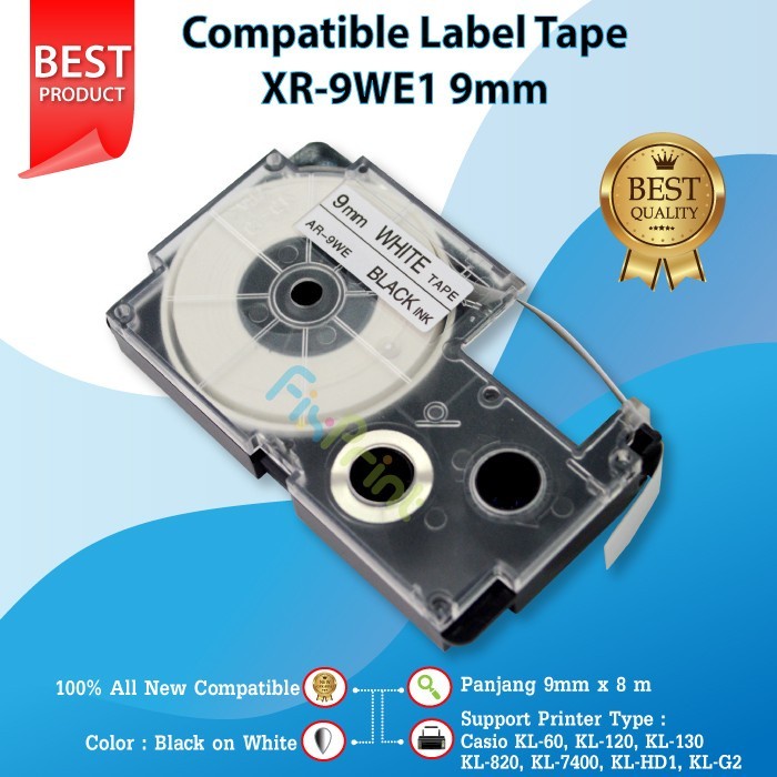 Tape Label Casio XR-9WE1 9mm Black on White Printer KL60 KL820 KL7400