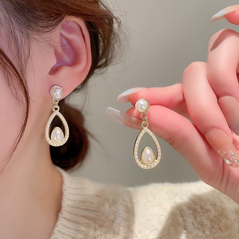 Anting Silver Needle Bentuk Water Drop Aksen Mutiara Gaya Perancis Untuk Wanita