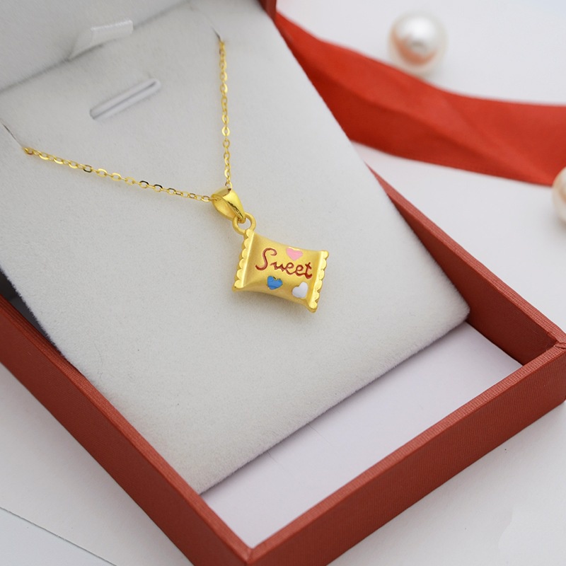 Goldkingdom Fashion Perhiasan Emas Asli Kadar 375 Bangkok Aksesoris Ready Stock Berlapis Emas Permen Liontin Mini Kecil Klavikula Rantai Perempuan Kalung Indah 3d Warisan