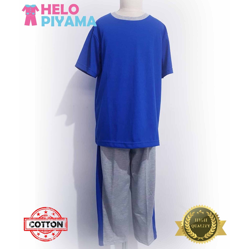 Helo Piyama - Baju Tidur Stelan Kaos Anak Cowok Biru Polos