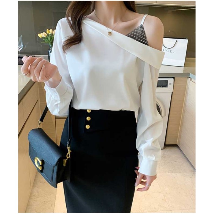 blouse wanita warna putih korea lengan panjang elegant