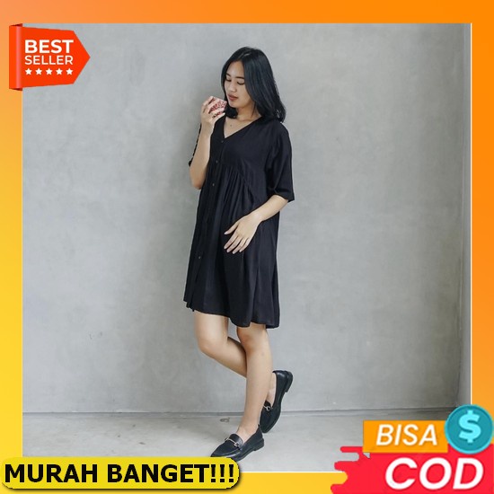 Black Square Maxi Dress Lengan Pendek Special Murah - Gaun Wanita Bahan Katun Import Motif Kotak Kot