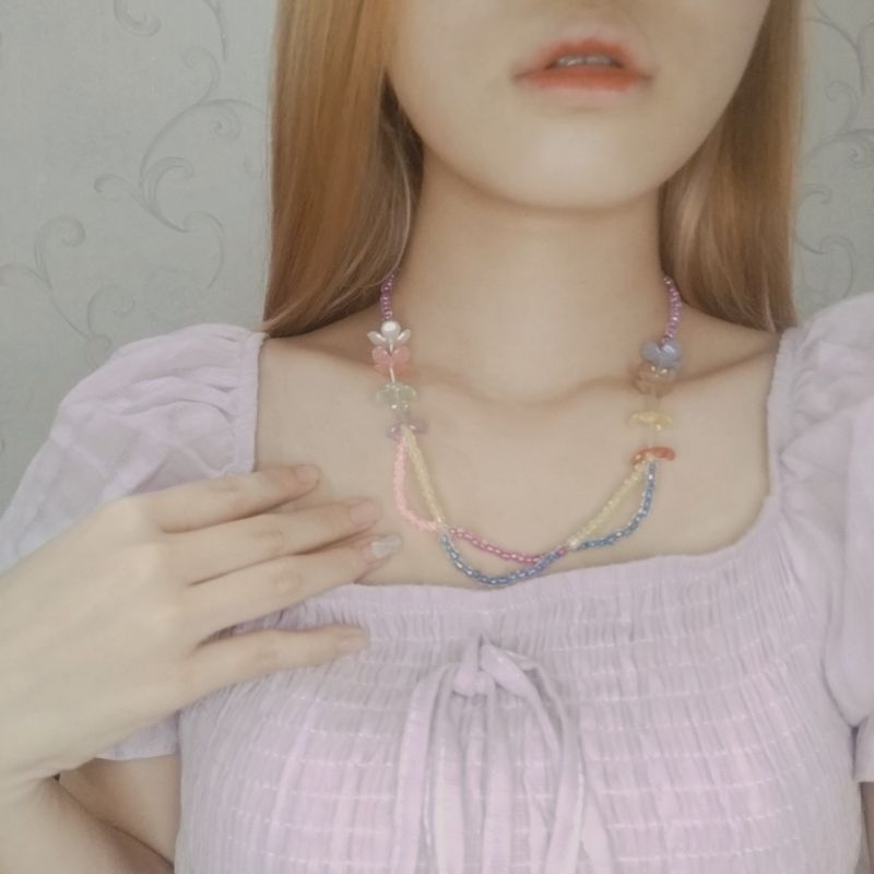 Cella Playful Flowery Beads Necklace Kalung Beaded Bunga Kelopak Colorful Chic