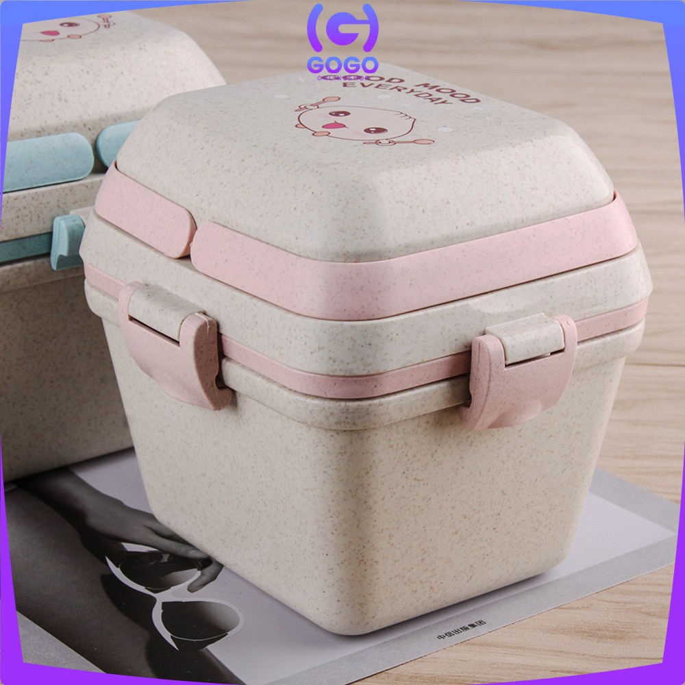 GOGO-C692 Lunch Box Set Kotak Makan Anti Tumpah Free Sendok Bahan PP Jerami Gandum / Tempat Bekal Bento Set Microwavable Good Mood Everyday Portable BPA FREE