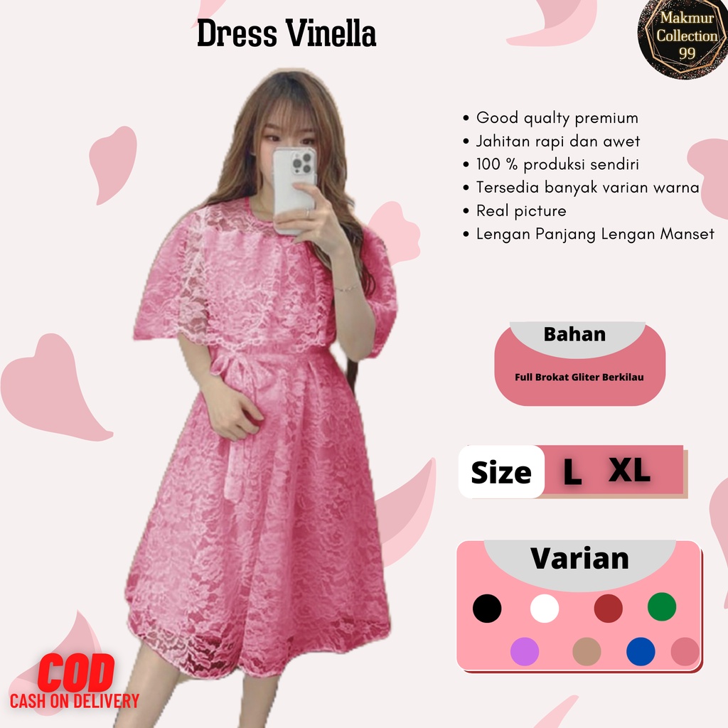 Dress Wanita Midi Kekinian Terbaru Kondangan/Pesta Matt Brokat Glitter Murah Berkualitas/Dress Vinella Size L-XL/Dress Natal Wanita Remaja Terbaru