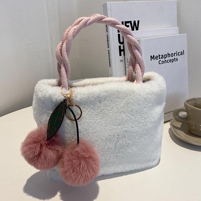 [littlecrab] Tas Wanita Cherry Bulu Lembut Halus Tas Unik Model Persegi Cute Fluffy Bag Free Gantungan Ceri Sling Bag Berkualitas Cute Multifungsi Korean Style