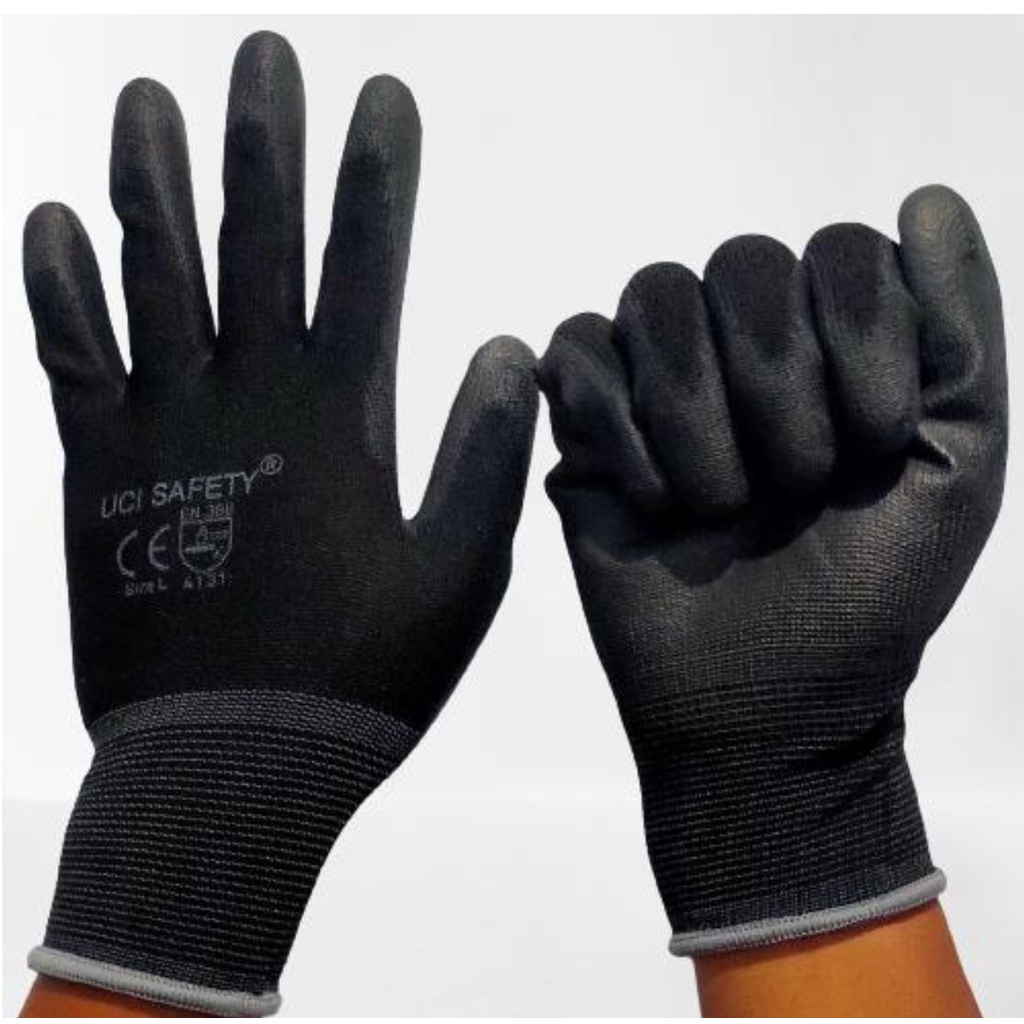 Sarung Tangan Karet Palm Fit Glove UCI Safety PU Mekanik Industri Hitam Nylon Polyurethane