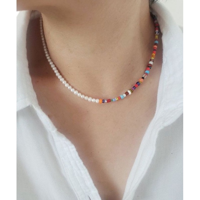 Ghea Asymetric Pearl Beaded Choker Necklace Kalung Beads Mutiara Asimetri