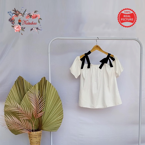 BAJU ATASAN PAKAIAN BLOUSE SABRINA PENDEK TALI PUNDAK CROP TOP CASUAL WANITA KEKINIAN WARNA MONOKROM MURAH