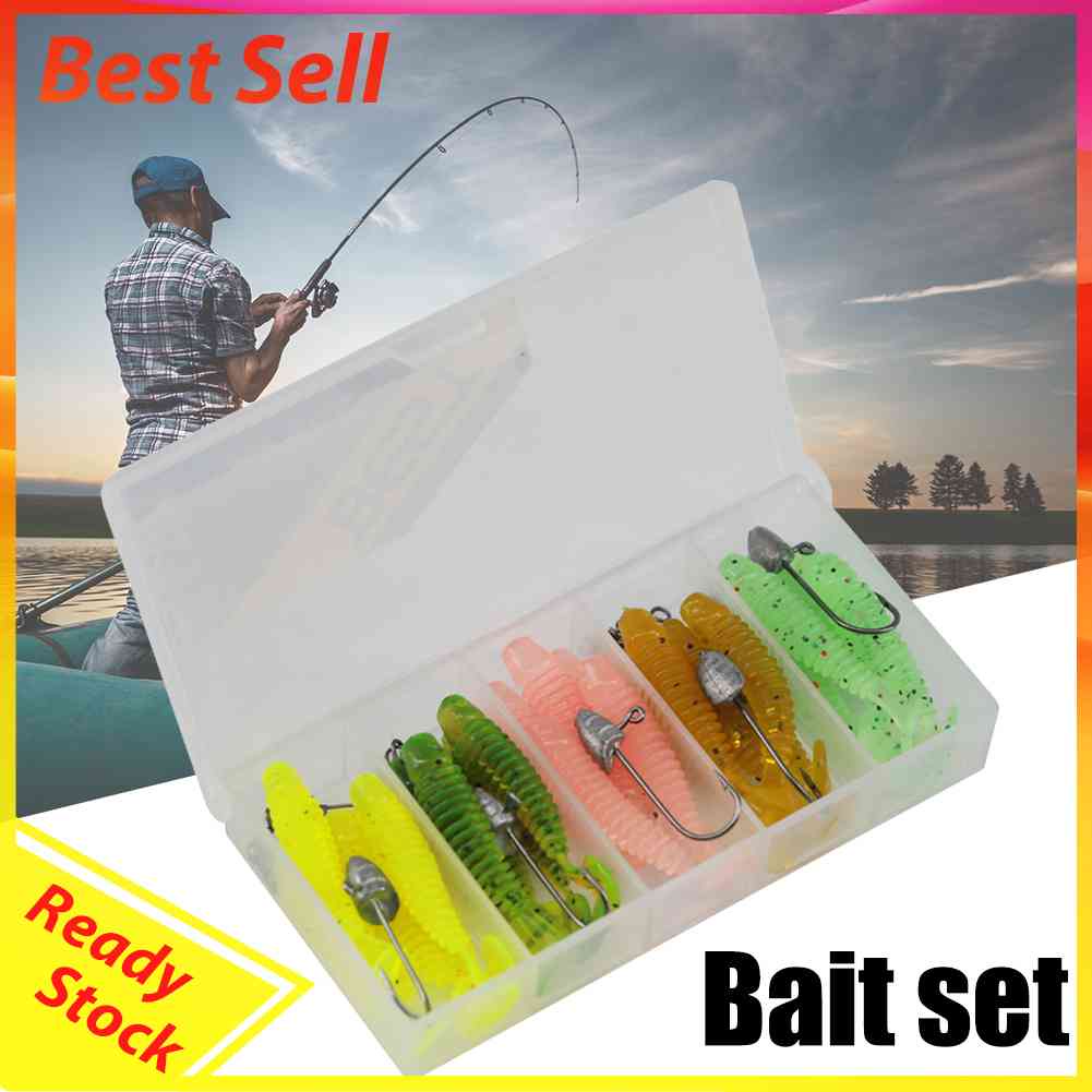 1 Set Umpan Pancing Jig Head Lembut Buatan Dengan Kotak Penyimpanan 5 Sekat Pesca