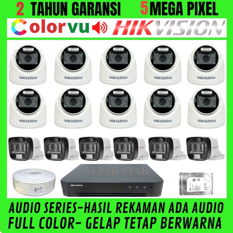 PAKET CCTV HIKVISION COLORVU 16 CHANNEL 16 KAMERA 5MP AUDIO  FULL COLOR SIANG MALAM BERWARNA