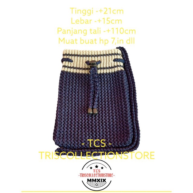 Promo tas rajut selempang wanita model serut buat hp dll, kekinian, viral, navy/biru, (serut strip, 