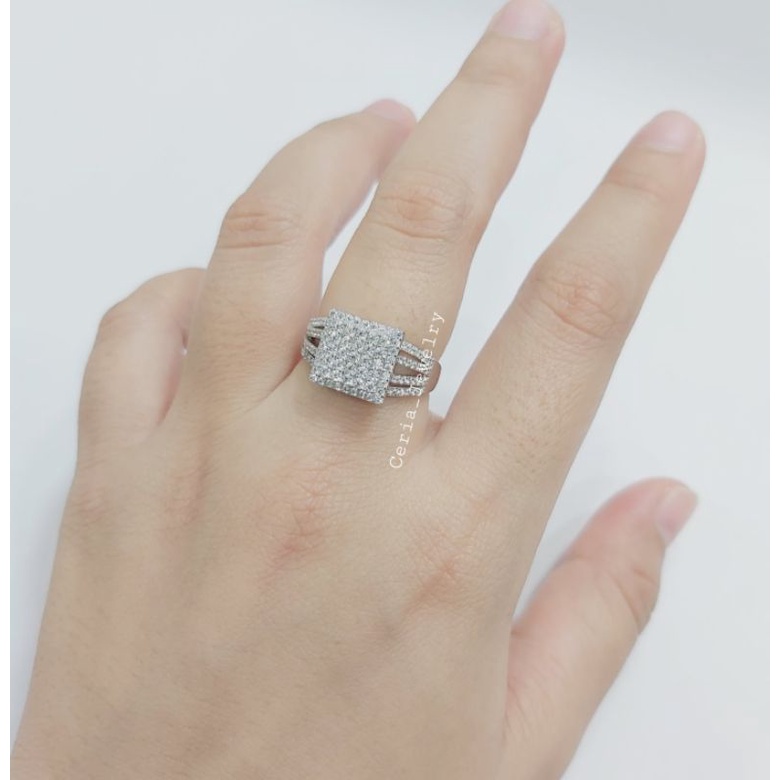 Cincin Perak Asli Silver 925 Lapis Emas Putih Model Kotak - Perhiasan Perak Wanita