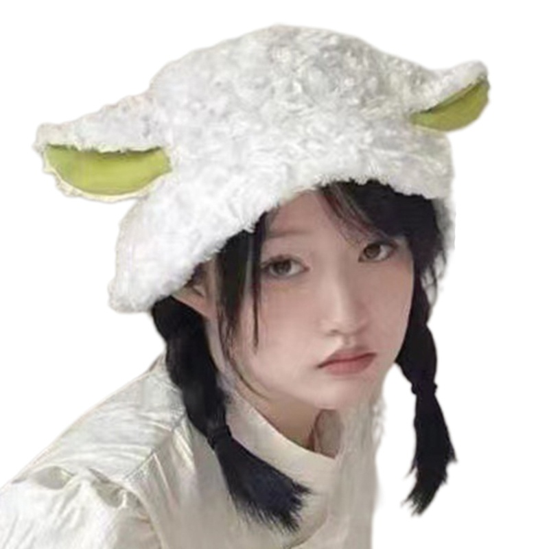 Topi Bucket Desain Telinga Domba Bahan Bulu Lembut Hangat Untuk Kostum Cosplay