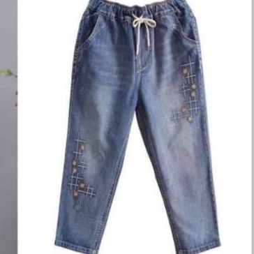 Naya Pants Bordir / Celana Boyfriend Jeans Motif Outfit OOTD Korean Style