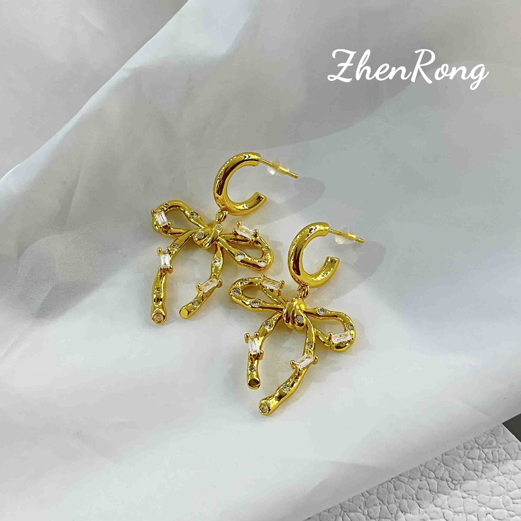 Goldkingdom Perhiasan Fashion Emas Asli Kadar 375 Bangkok Aksesoris Ready Stock Busur Berlian Vintage Dengan Kepribadian Minimal Anting Kalung