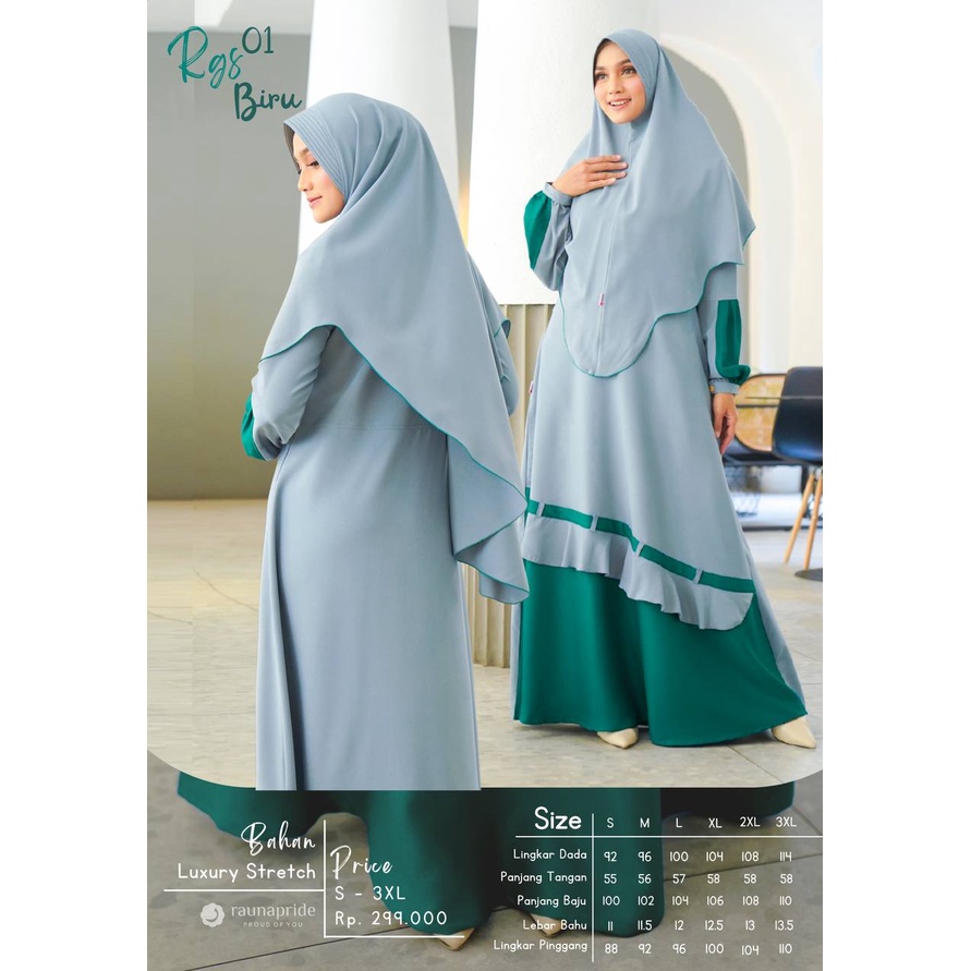 Rauna RGS GS 01 - abu - olive - biru / Gamis Syari Set / Rauna Terbaru 2022 / Fashion Muslim