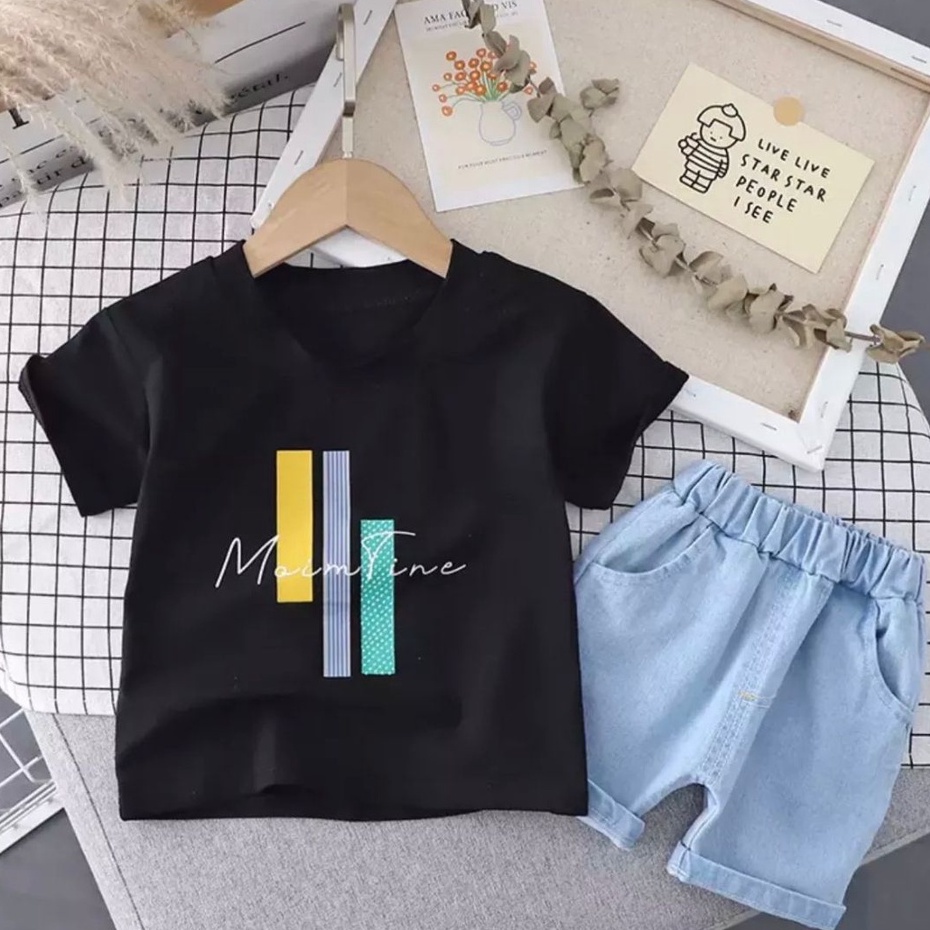 SETELAN BAJU ANAK MOTIF MOUNTAIN DENIM / FASHION KAOS ANAK LAKI-LAKI DAN PEREMPUAN UMUR 6-10BLN 1-5THN / OOTD ANAK TERBARU KEKINIAN / BAHAN COMBED CELANA DEM PENDEK / KEREN DIPAKAIKAN KE BADAN SIANAK / TERHITS DAN TERLARIS TAHUN INI COCOK UNTUK ANAK