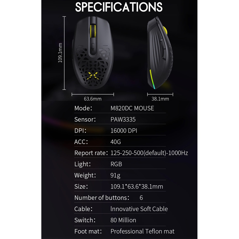 Delux M820 Hunter Multi-Mode Wireless Gaming Mouse RGB PMW3335 Sensor