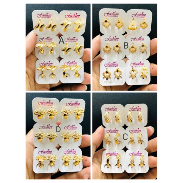 RA018. Grosir 6 pasang Anting xuping wanita dewasa berlapis emas dgn mata zircon