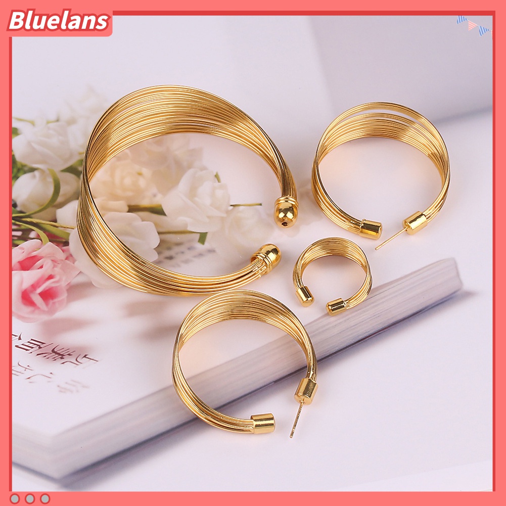 Bluelans 4 Pcs / Set Perhiasan Kalung Anting Gelang Cincin Bentuk Lingkaran Gaya Nigeria Untuk Pengantin