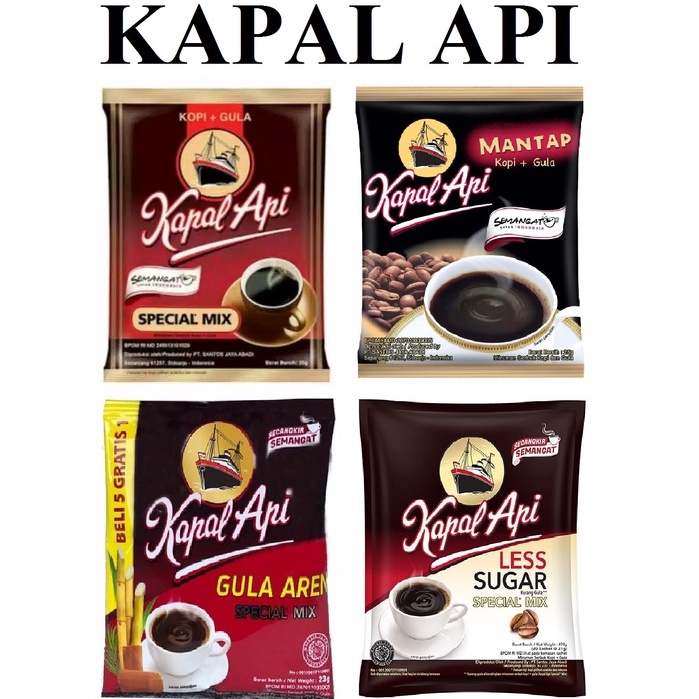 

kopi sachet kapal api less sugar, kopi + gula, gula aren, special mix (satu renceng)