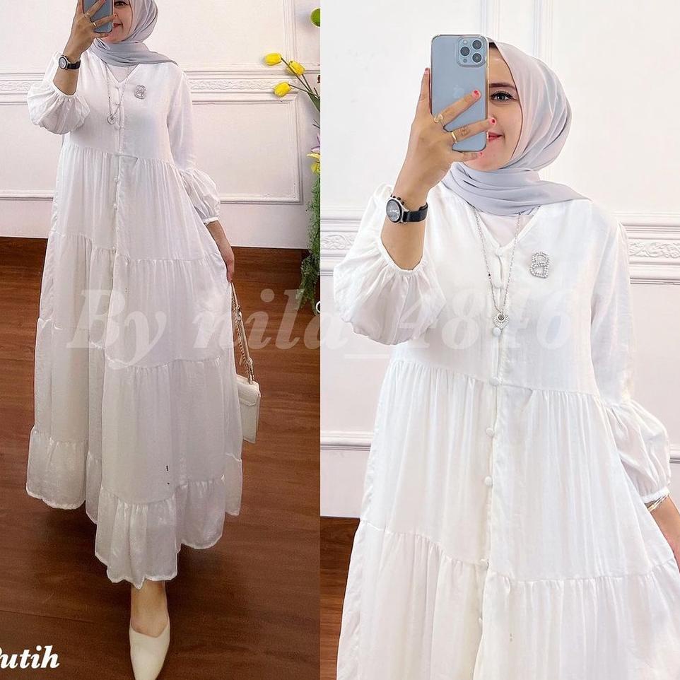 Menarik Gamis Midi Dress Premium Baju Dress Wanita Muslim Long Dress Jumbo XL, XXL, XXXL Dress Putih