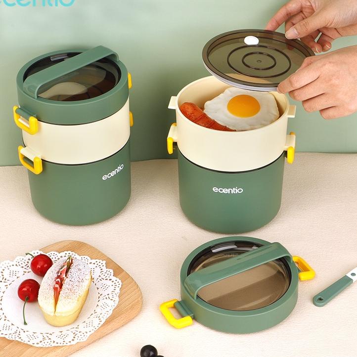 Kekinian ecentio Lunch Box Set Kotak Makan Anti Tumpah Rantang Susun 2/3 Plastik Dengan Sendok Grati