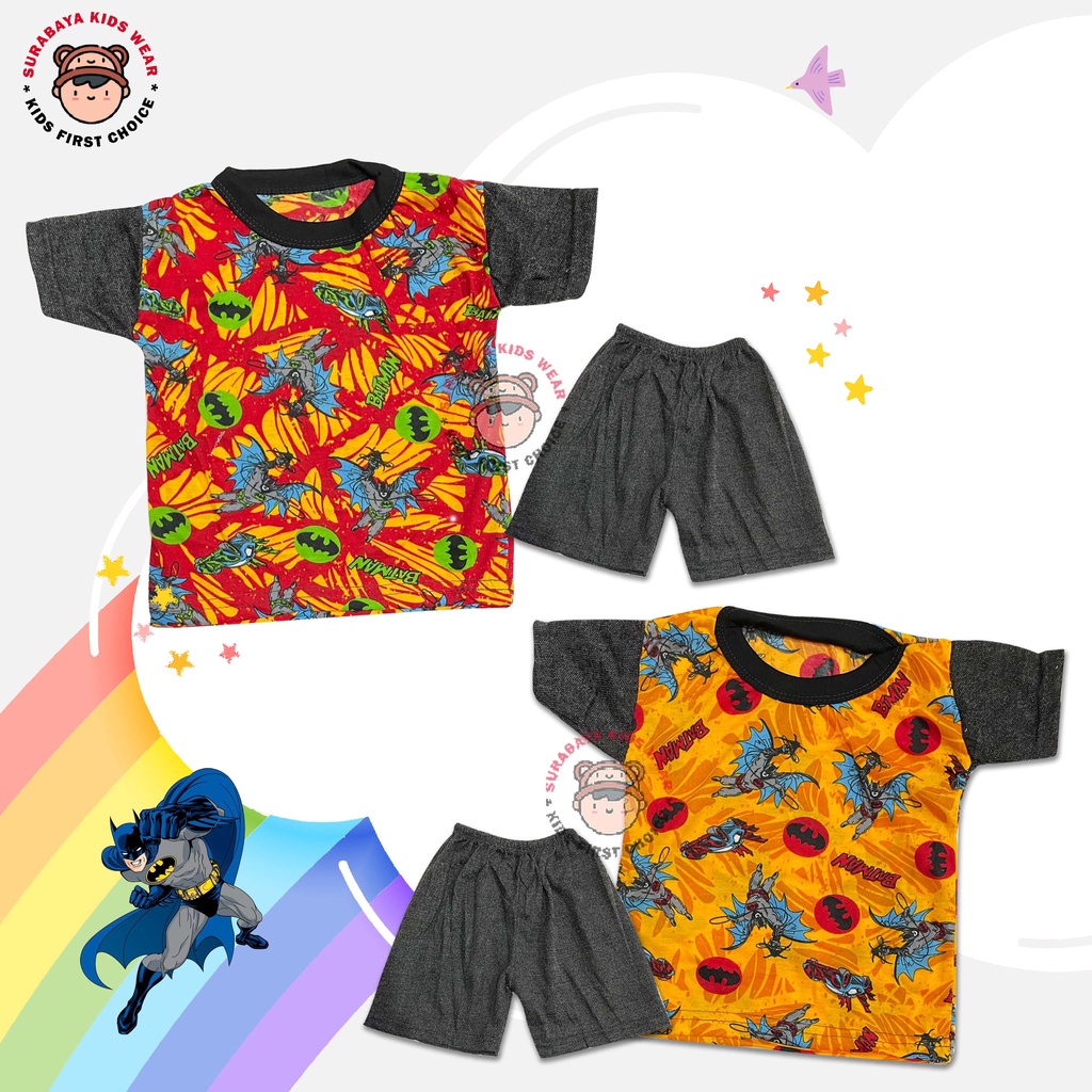Setelan Anak Lengan Pendek Motif Superhero Celana Jean