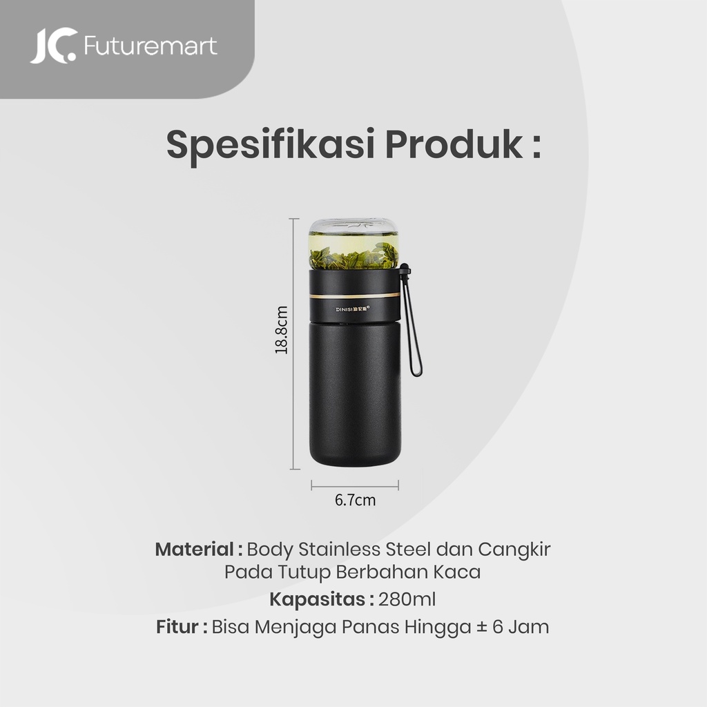 TUMBLER TEH DOUBLE WALL STAINLESS TUTUP KACA 280ML TEA INFUSER JDB475