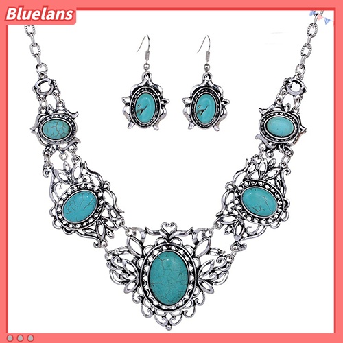 Set Perhiasan Kalung Anting Model Hollow Oval Turquoise Gaya Tibet Untuk Wanita