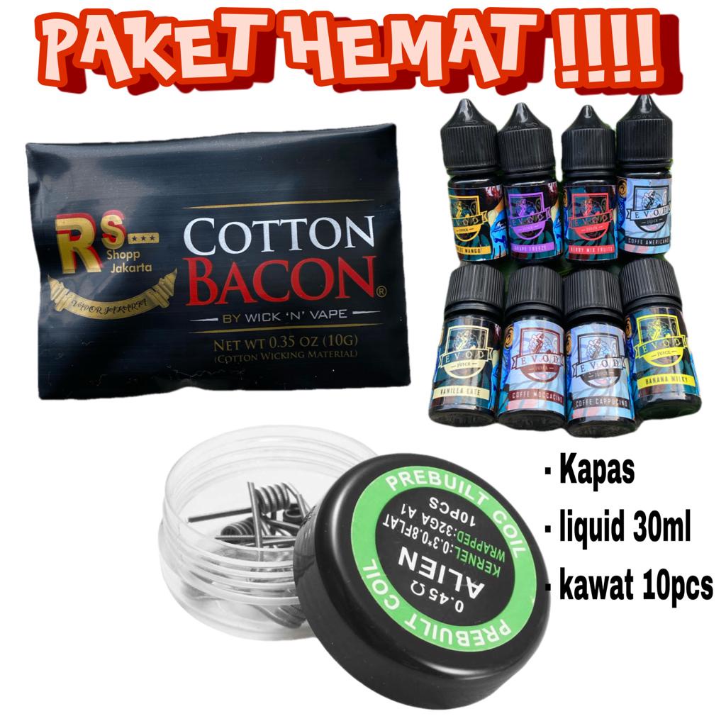 PAKET HEMAT KAPAS BACON KAWAT ALIEN CLAPTON DAN LIQUID EVOD 30ML