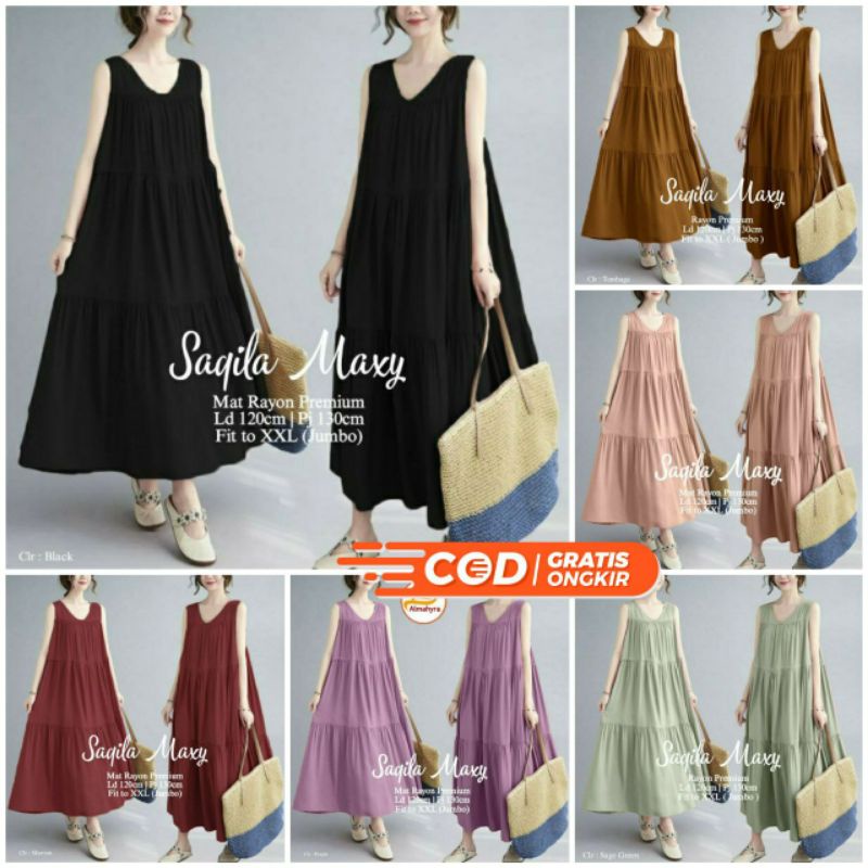 Inner Dress Tanpa Lengan Saqila Maxy Dalaman Gamis Polos Simpel Susun Katun Rayon Oversize Jumbo