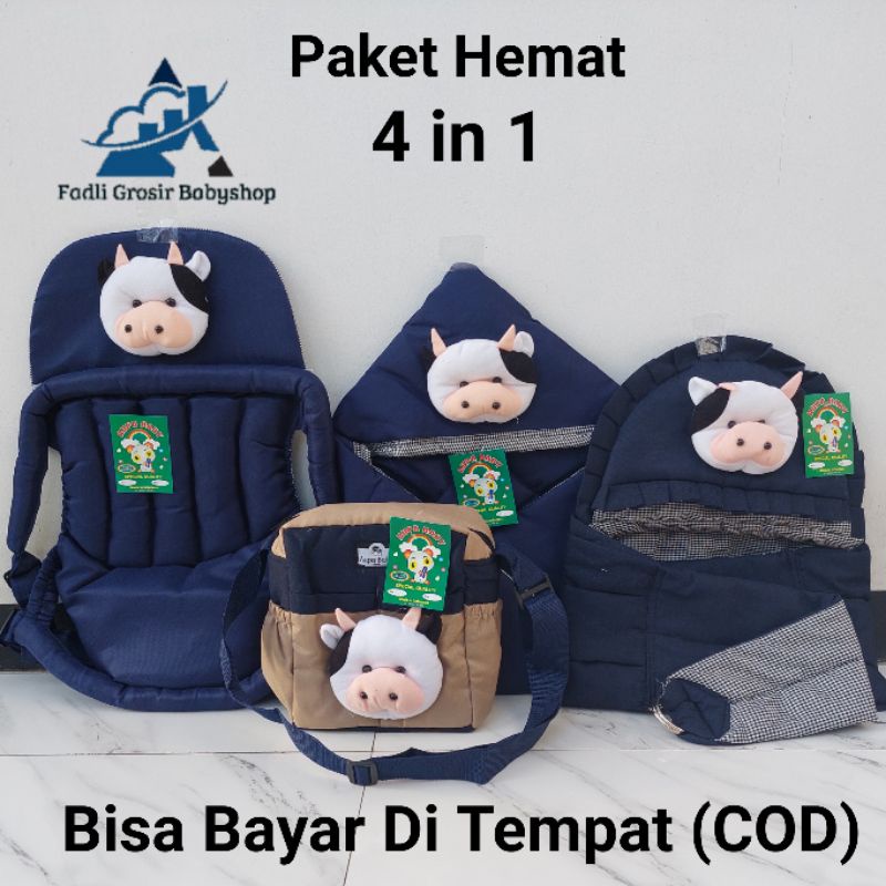 Paket Hemat (4 in 1) Tas Bayi Boneka Sapi Gendongan Samping Boneka Sapi Selimut Boneka Sapi Dan Gendongan Depan Duduk Boneka Sapi