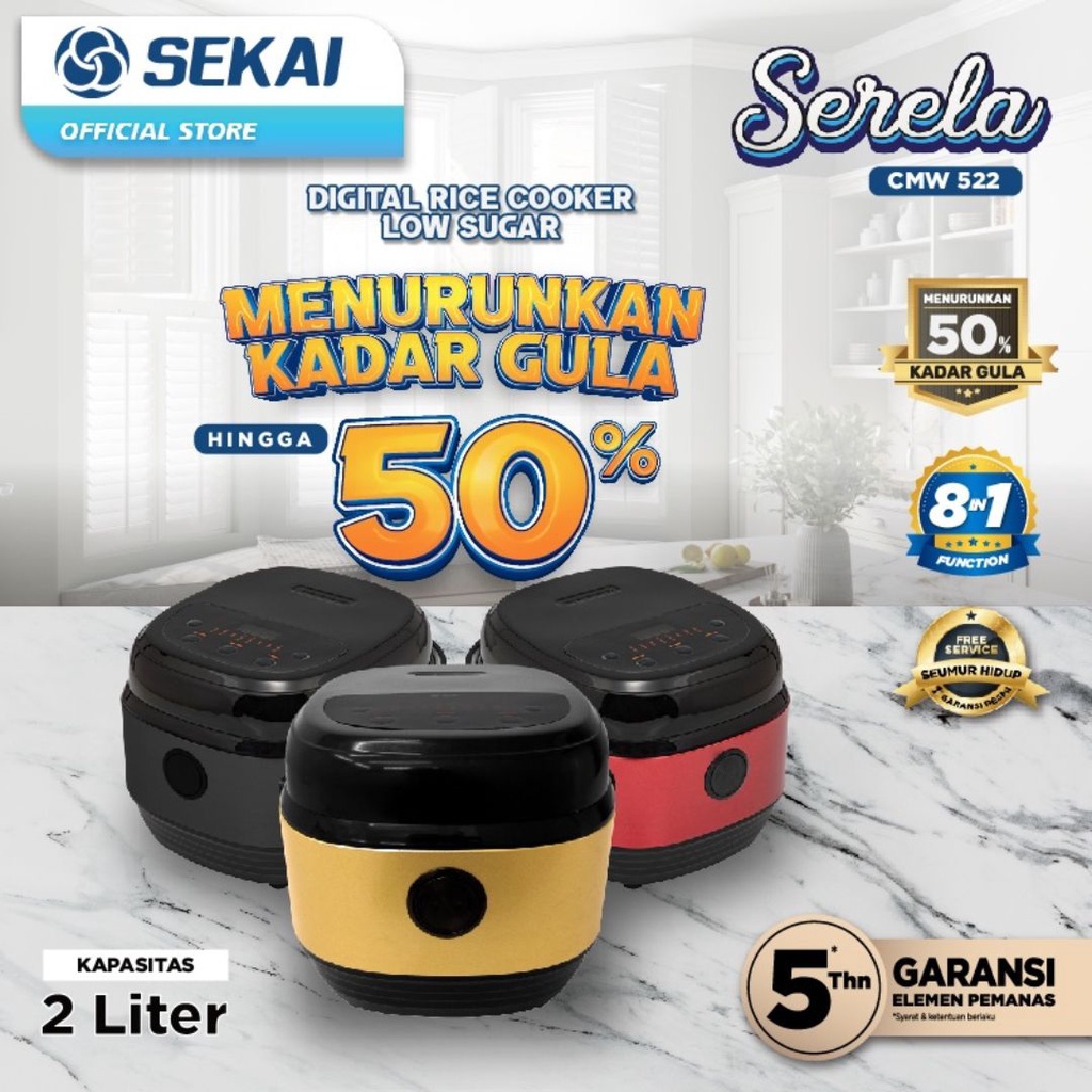 Rice Cooker Digital SEKAI Low Sugar Low Carbo / Penanak Nasi Magic Com Anti Gemuk 2 L / CMW 522