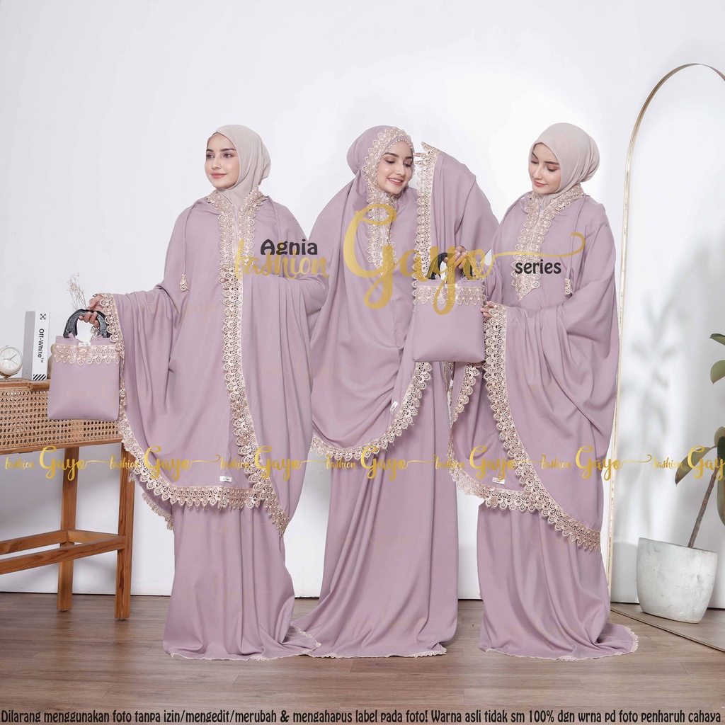 Mukena resleting Dewasa 2in1 Katun Polos renda AgniaSeries