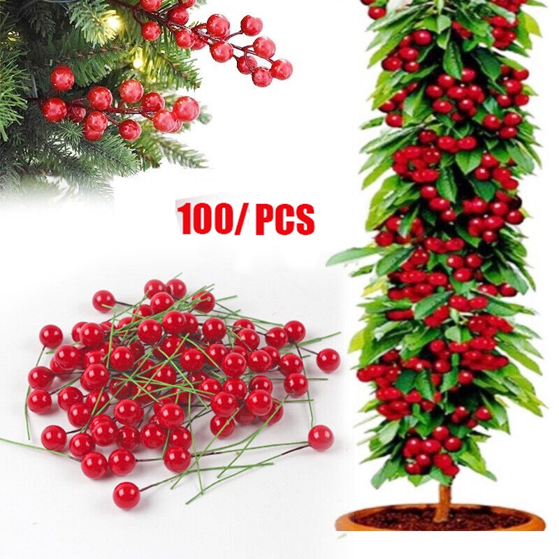 100pcs Buah Berry Holly Imitasi 10mm Untuk Dekorasi Pohon Natal DIY