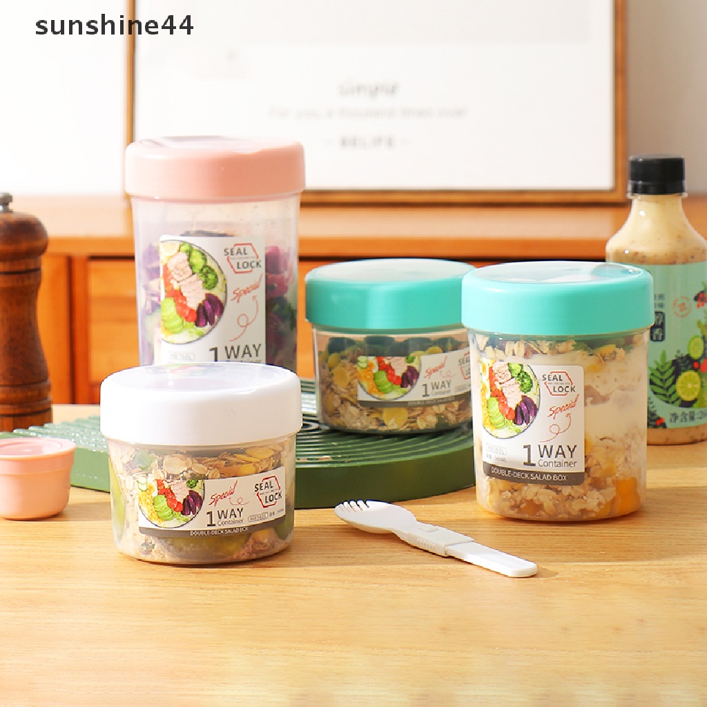 Sunshine 1Pc Gelas Plastik Portable Dengan Tutup + Sendok Untuk Salad / Sarapan