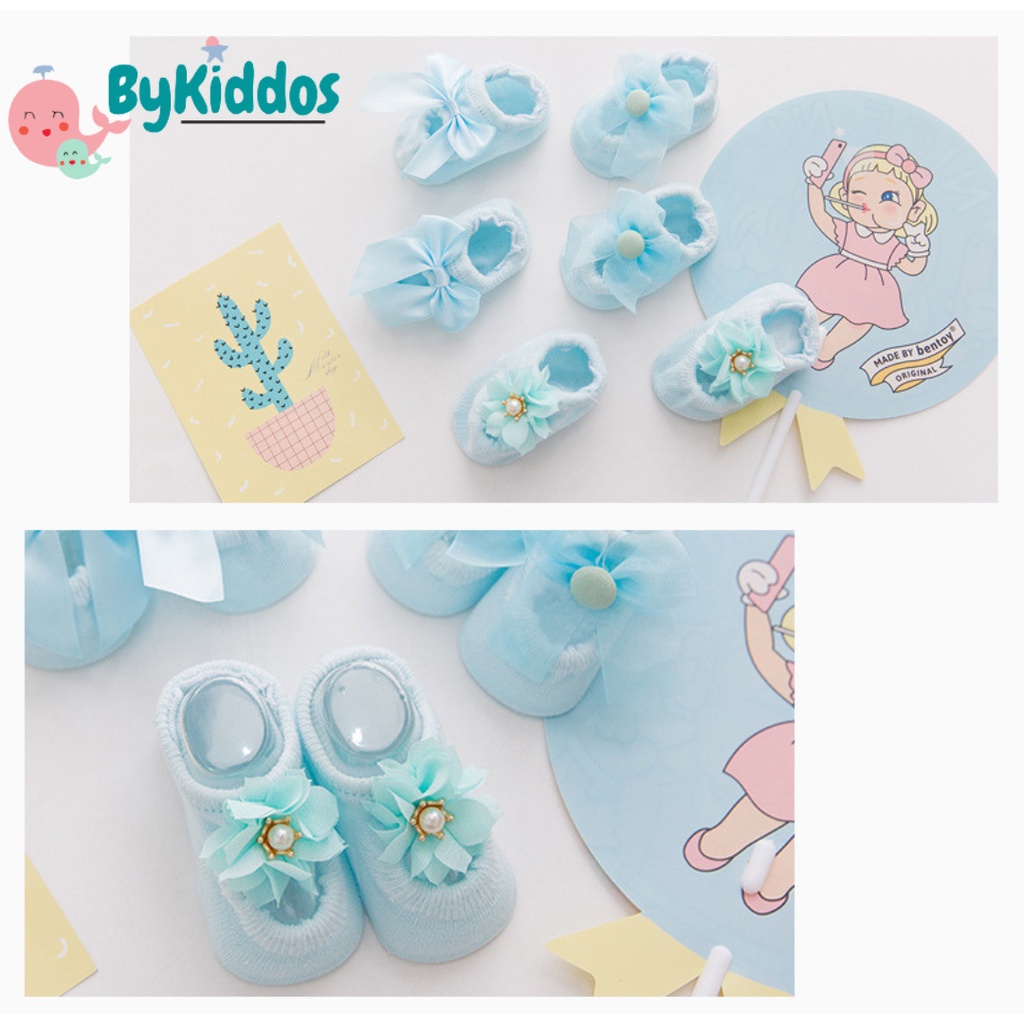 ByKiddos - Kaos Kaki Bayi Perempuan Newborn 0-6 Bulan Import Kualitas Premium Korea Motif 3 Jenis Bunga Pita